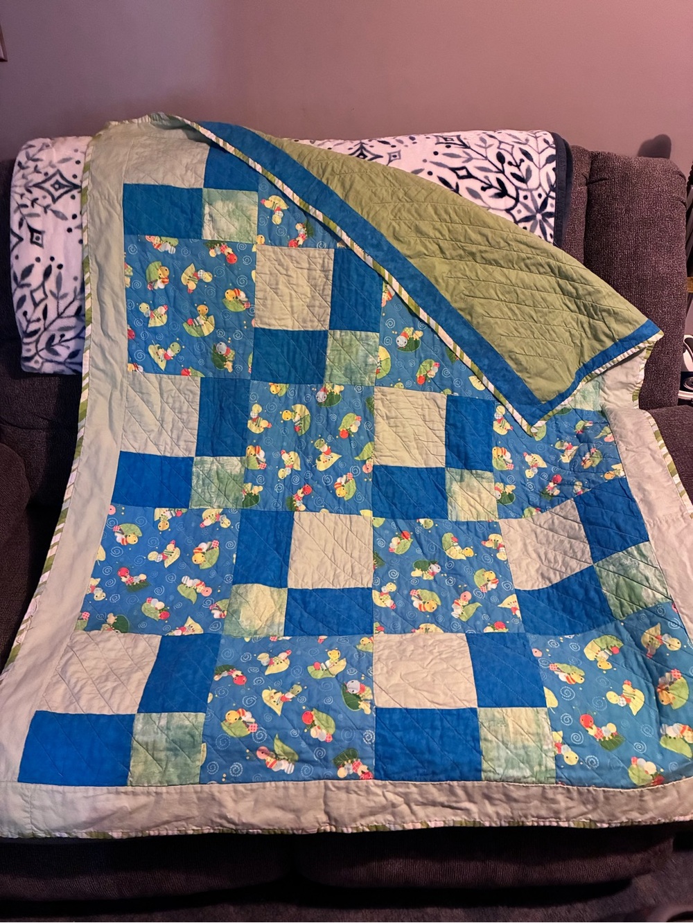 Handmade Blue & Green Patchwork Duck Quilt by